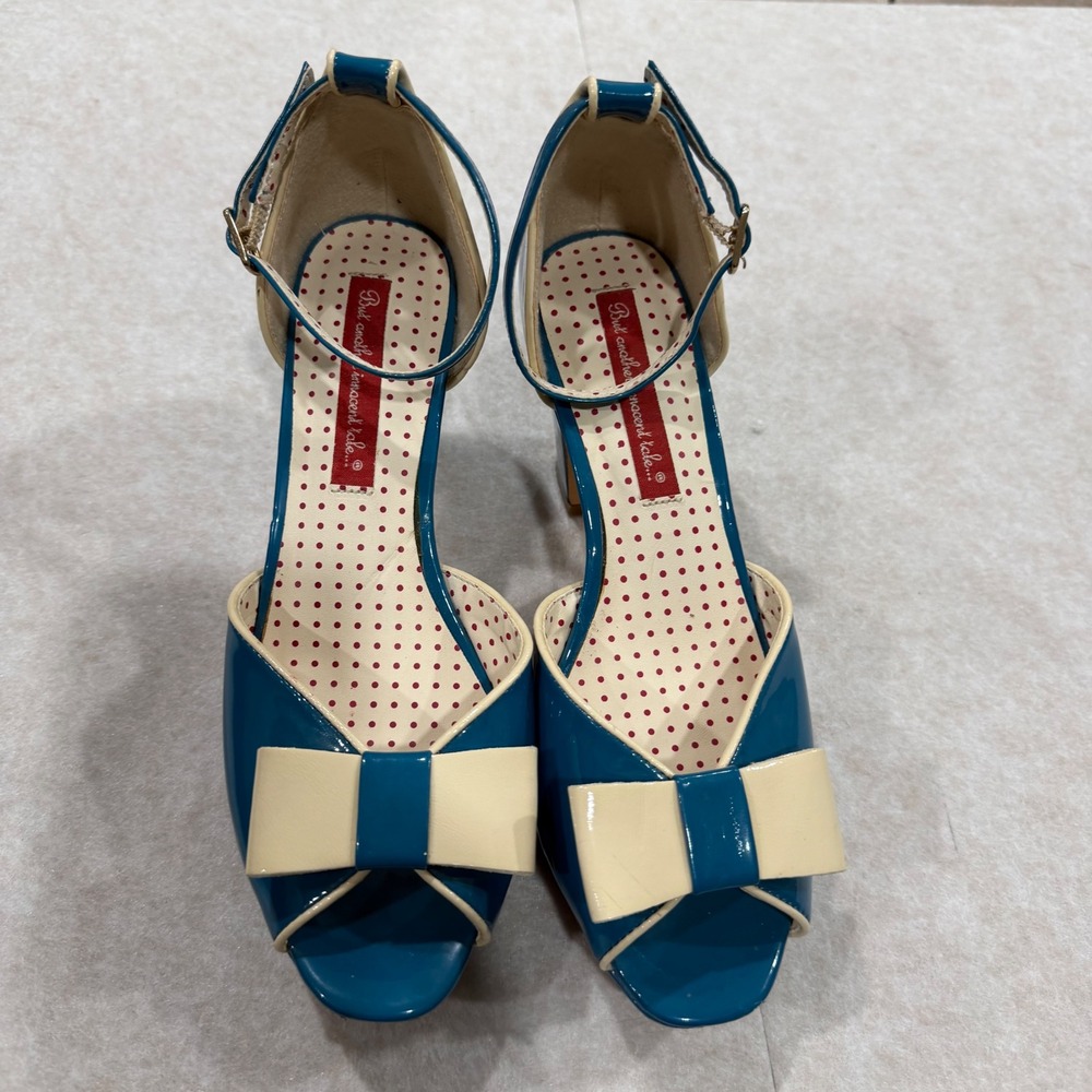 But Another Innocent Tale Teal Blue Patent Bow Platform Peep Toe Heels Retro